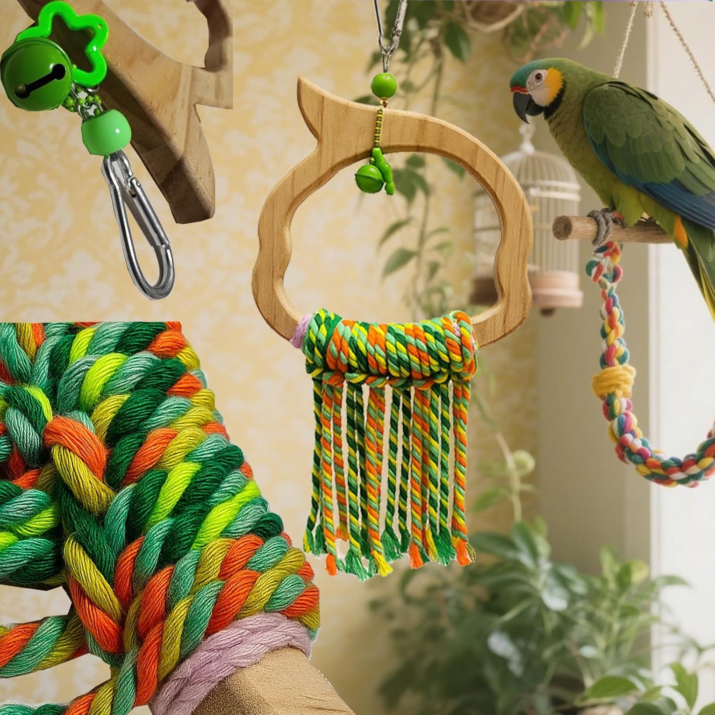 Bird Swing for Parrots – Extra Strong Natural Wood and Rope Hanging Toy for Large and Small Birds,Cage Perch Accessory for Macaws,Cockatoos,Parakeets,African Greys,Conures