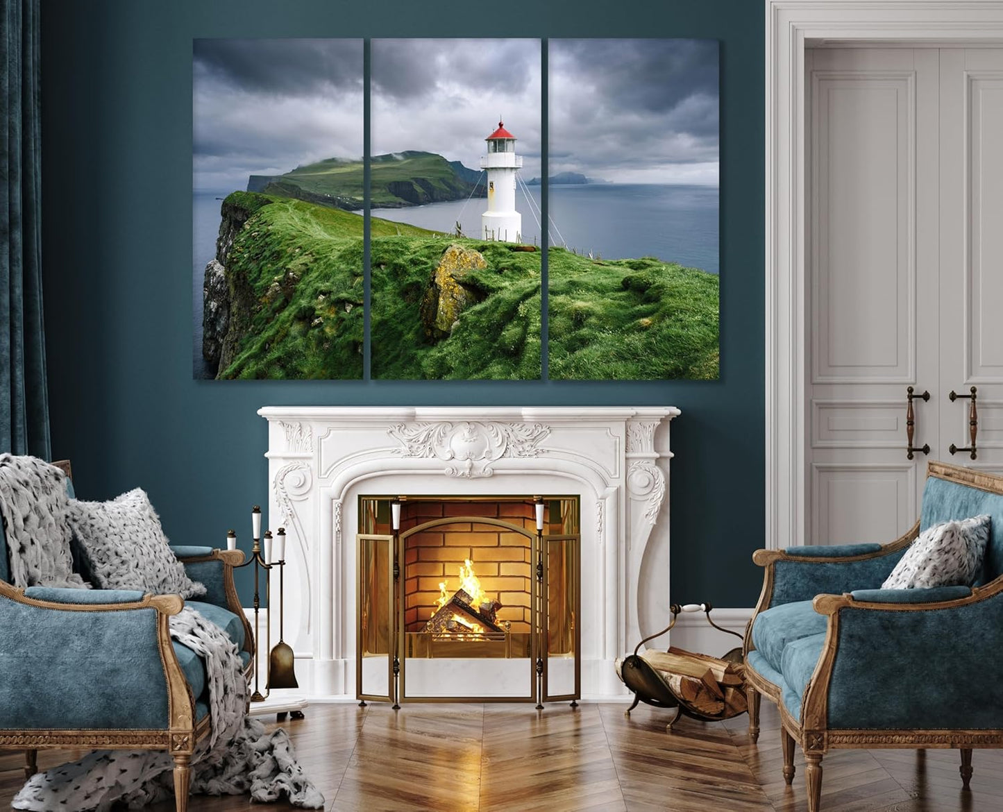 Nature Wall Art Prints - Ocean Forest Mountain Lake Canvas Landscapes - Small to Extra Large Living Room Bedroom Kitchen Bathroom Décor (Stormy Sky Lighthouse, 31L" x 47W" - 3 Panels)