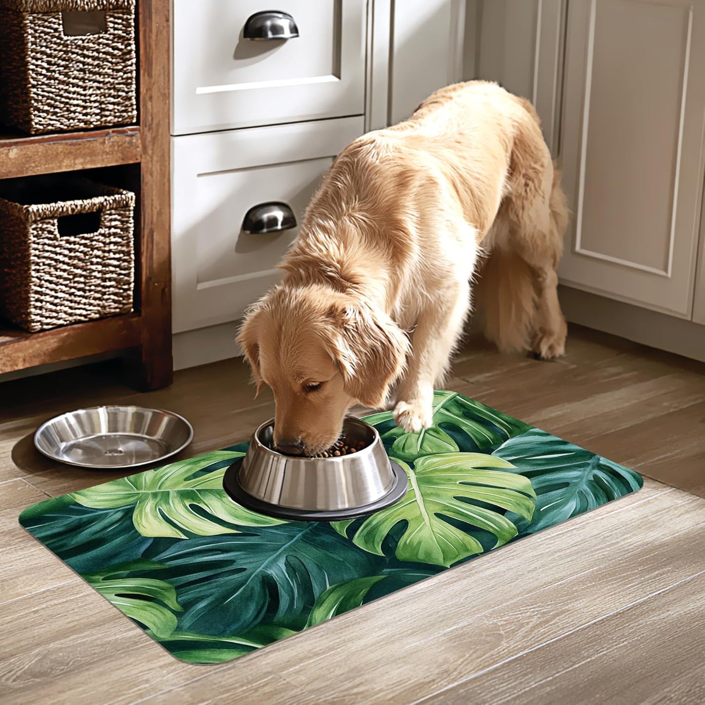 Tropical Palm Leaves Pet Feeding Mat-Quick Dry Absorbent Dog Cat Food Mat, Anti-Slip Water Bowl Mats for Messy Eaters-No Stains Indoor Pet Accessories 12"x20"