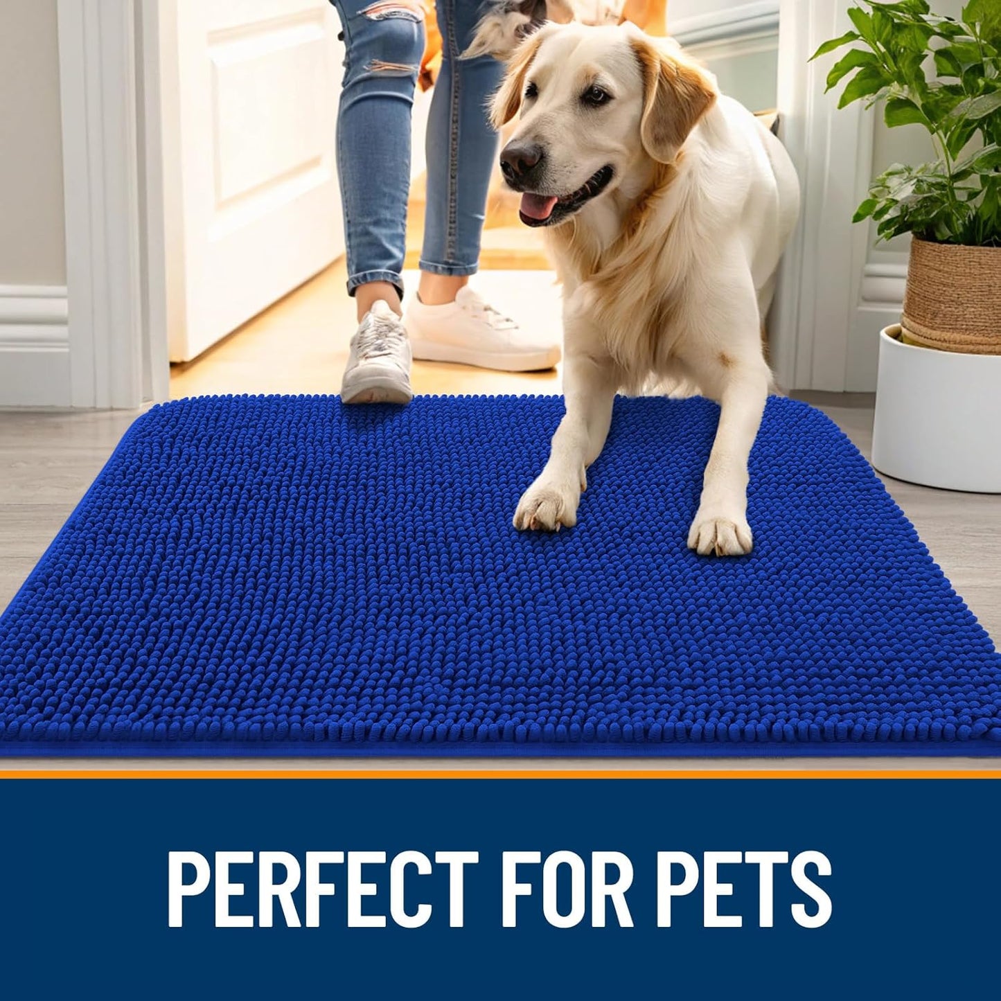 OLANLY Dog Door Mat for Muddy Paws 48x30, Absorbs Moisture and Dirt, Absorbent Non-Slip Washable Doormat, Quick Dry Chenille Mud Mat for Dogs, Entry Indoor Entryway Carpet for Inside Floor, Royal Blue