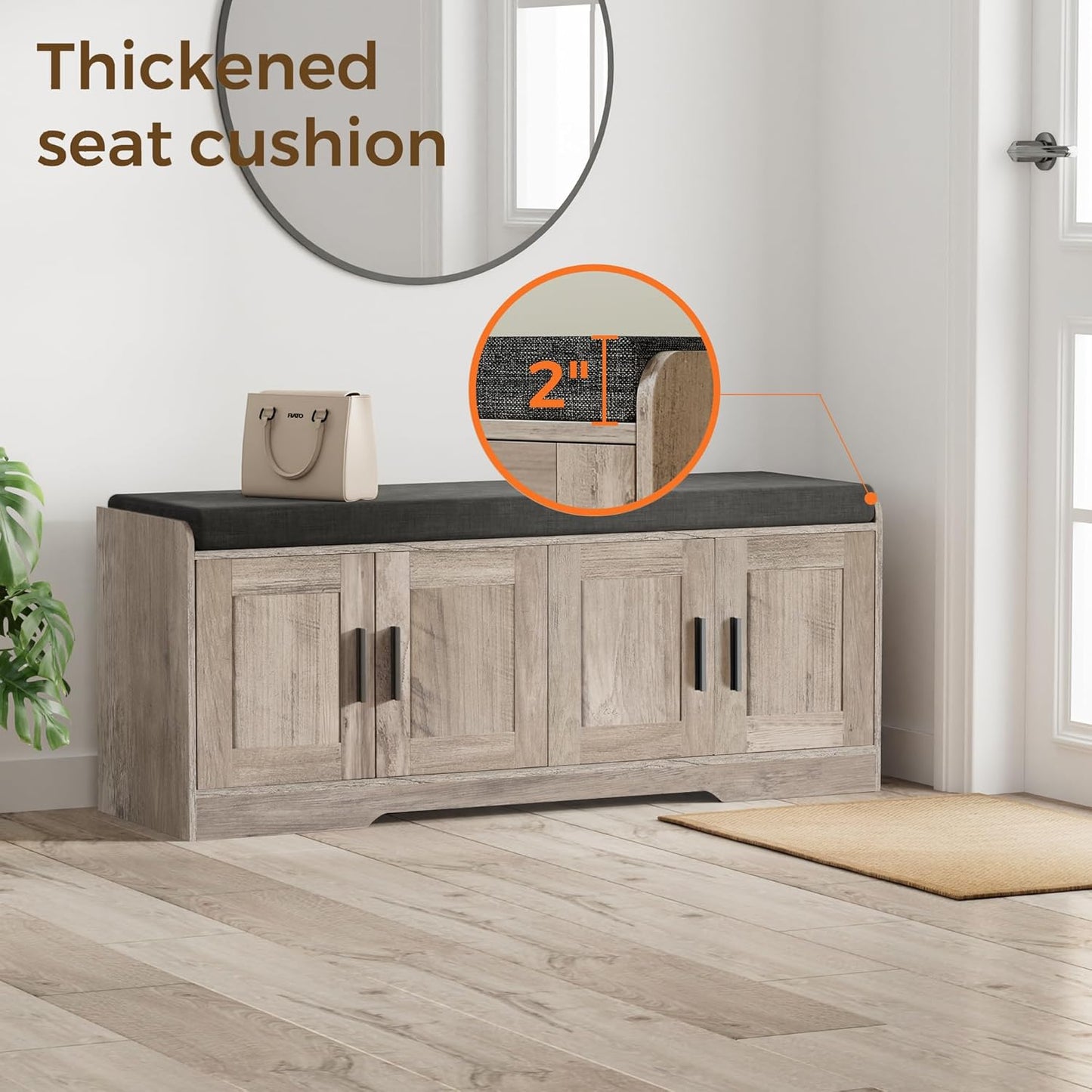 2-Tier Storage Bench, Shoe Bench with Thickened Padded Seat Cushion, Entryway Bench with 4 Doors, Adjustable Shelf, 13.8" D x 45.3" W x 18.5" H, for Entryway, Living Room, Bedroom, Greige