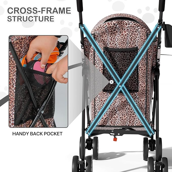 MoNiBloom 4 Wheels Pet Stroller, Easy-Fold Umbrella Shaped Dog Cat Jogger Stroller w/Storage Bag & Visible Mesh for Small/Medium Dogs Cats Leopard Print