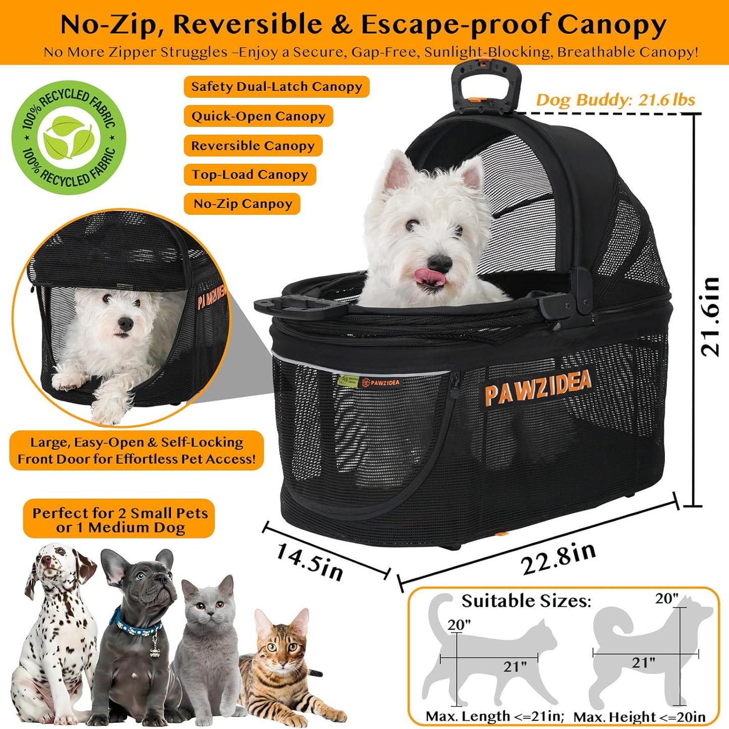 PAWZIDEA Dog Stroller 4 in 1, Pet Stroller for Cats with Detachable Carrier for Small/Medium Dogs/Cats, Seatbelt Car Seat Combo, Cozy House, Foldable & Lightweight Jogger Strollers, Storage Basket