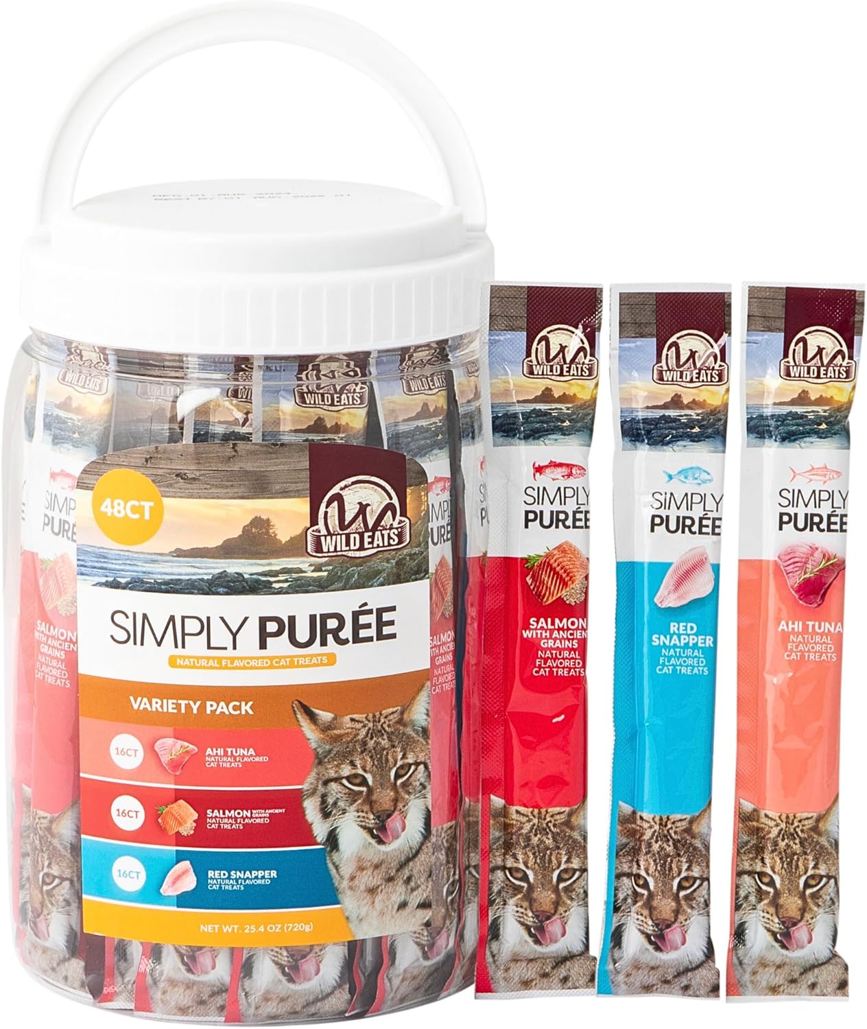 Simply Puree Variety Tub for Cats | 48 Individual Servings of All-Natural, High-Protein Puree Treats | Includes Multiple Flavors | Grain-Free, No Artificial Additives, Smooth Texture