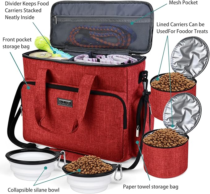 BAGLHER Dog Travel Bag, Pet Travel Bag (ALL Pet Travel Supplies), With 2 Pet Food Containers and 2 Collapsible Silicone Bowls; Essential Kits for Pet Travel Red