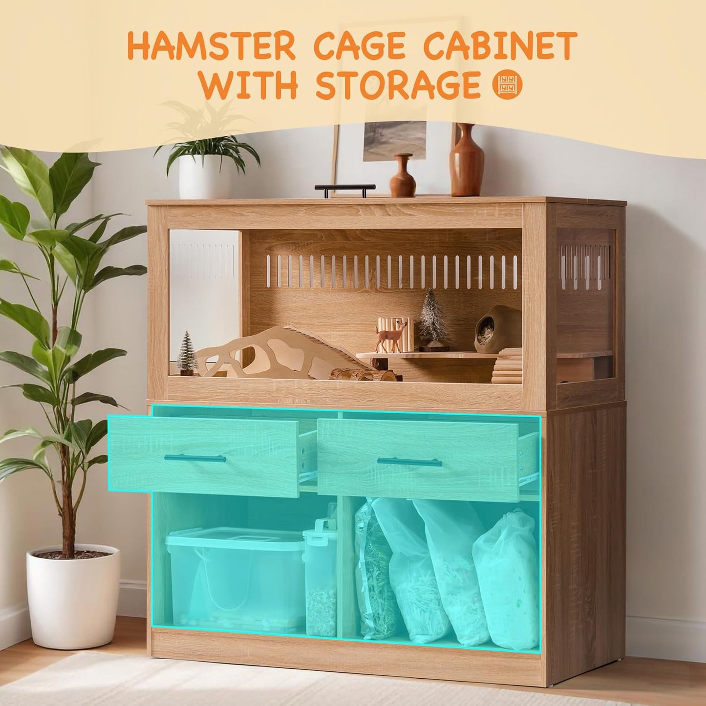 MEWOOFUN Large Hamster Cage, Hamster Cage and Habitats with Drawers and Storage Cabinet, Openable Top, Three-Sided Visibility and Four-Sided Ventilation, 39.4" L x 19.7" W x 41.7" H