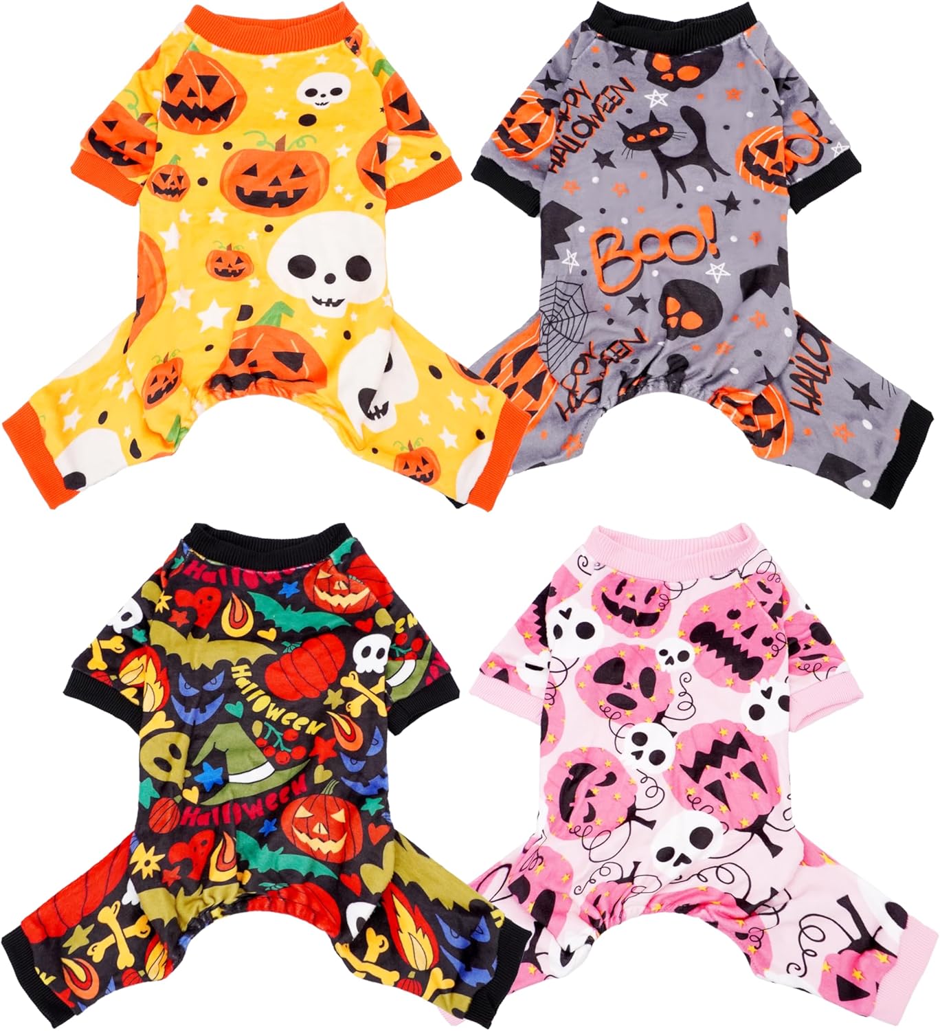 PET SHOW 4 Pack Halloween Small Dog Pajamas for Medium Dogs Onesie Pumpkin Ghost Soft Fleece Stretchy Jumpsuit Costume Boy Girl Pets PJs with Sleeve Clothes(L)