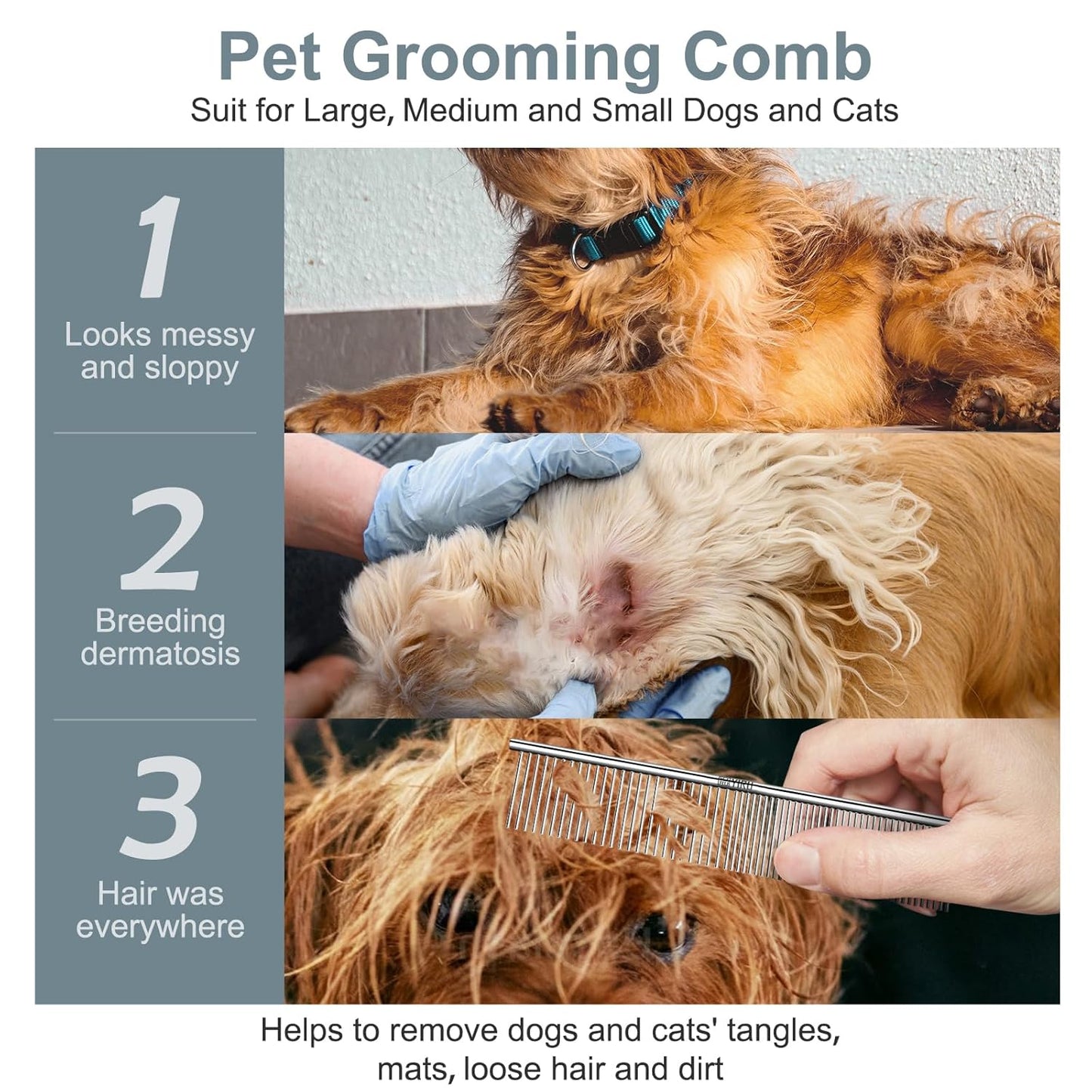 YIRU Dog Cat Grooming Combs,Large Steel Comb for Knots,Mats & Loose Hair Removal,Professional Grooming Comb for Dogs Cats