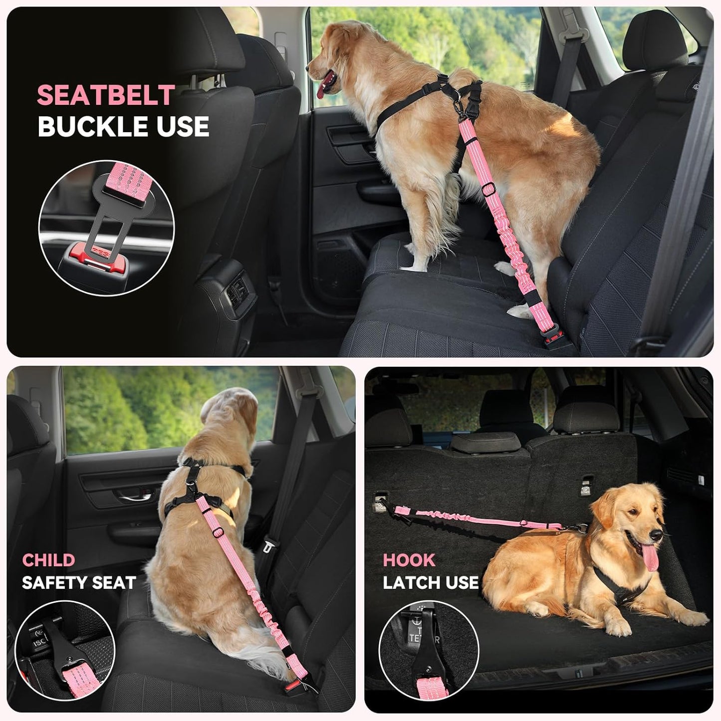 Pawaboo Dog Seatbelt for Car, 3-in-1 Dog Seat Belt Bungee, Shockproof Dogs Tether for Car with Buckle & Hook Latch, Adjustable Reflective Dogs Cars Harness Leash with 360° Lockable Buckle, Pink