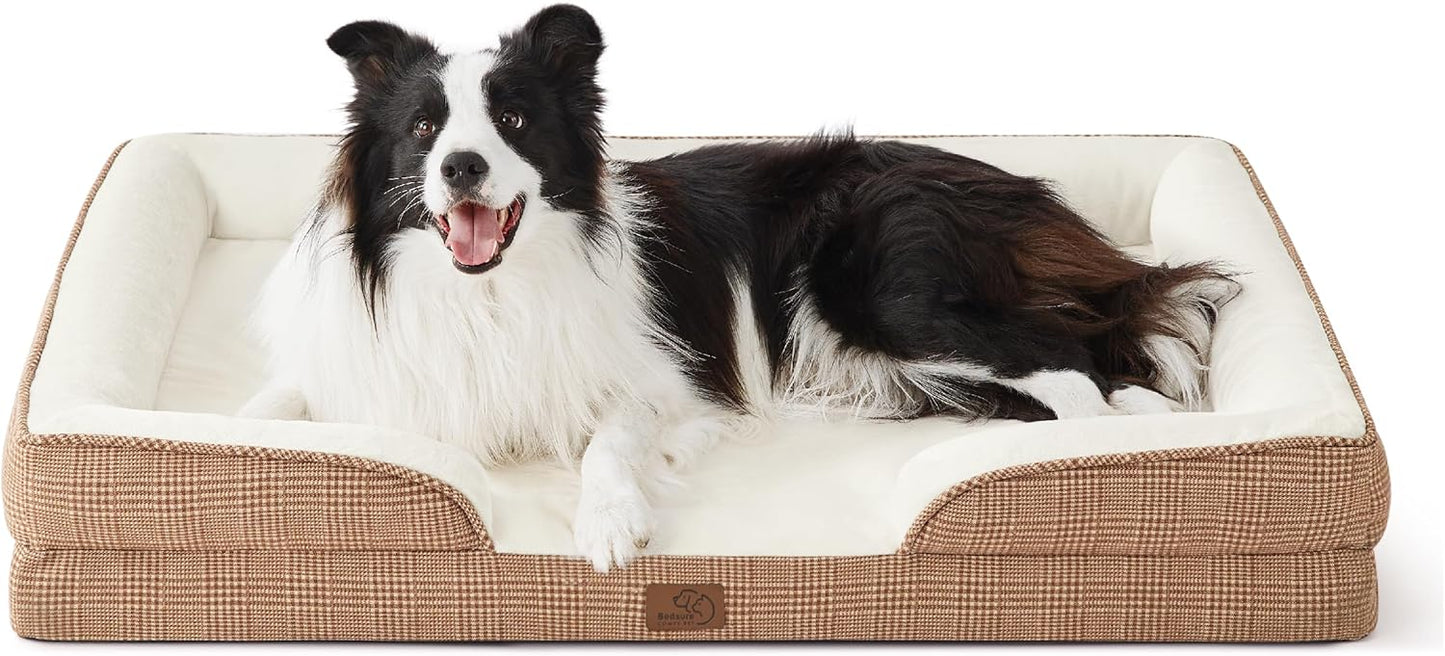 Bedsure Orthopedic Dog Beds Large Sized Dog - Washable Large Dog Cat Bed Waterproof, Comfort Dogs Couch Sofa with Washable Removable Cover, Pet Bed with Nonskid Bottom, Plaid-Brown, 35"