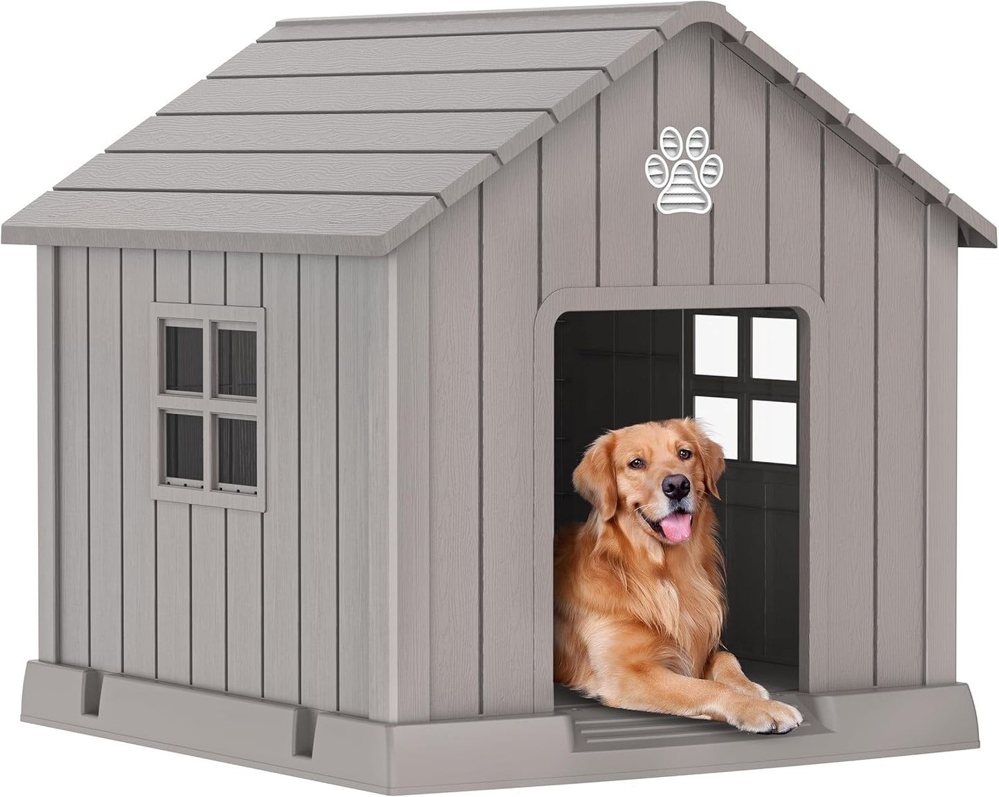 Vixzen 38in Large Outdoor Dog House,Durable Water Resistant Resin Dog House,Doghouse for Small to Large Dogs Indoor or Outside,with Air Vent and Elevated Floor,Gray