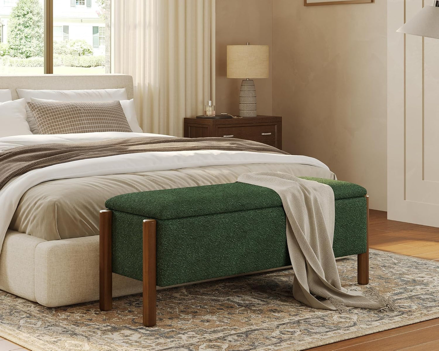 Storage Ottoman Bench, End of Bed Bench for Bedroom, 47" Boucle Upholstered Entryway Shoe Seat Benches, Holds up to 660 lb Storage Ottoman, Padded Blanket Chest Stool Foot Rest for Living Room Green