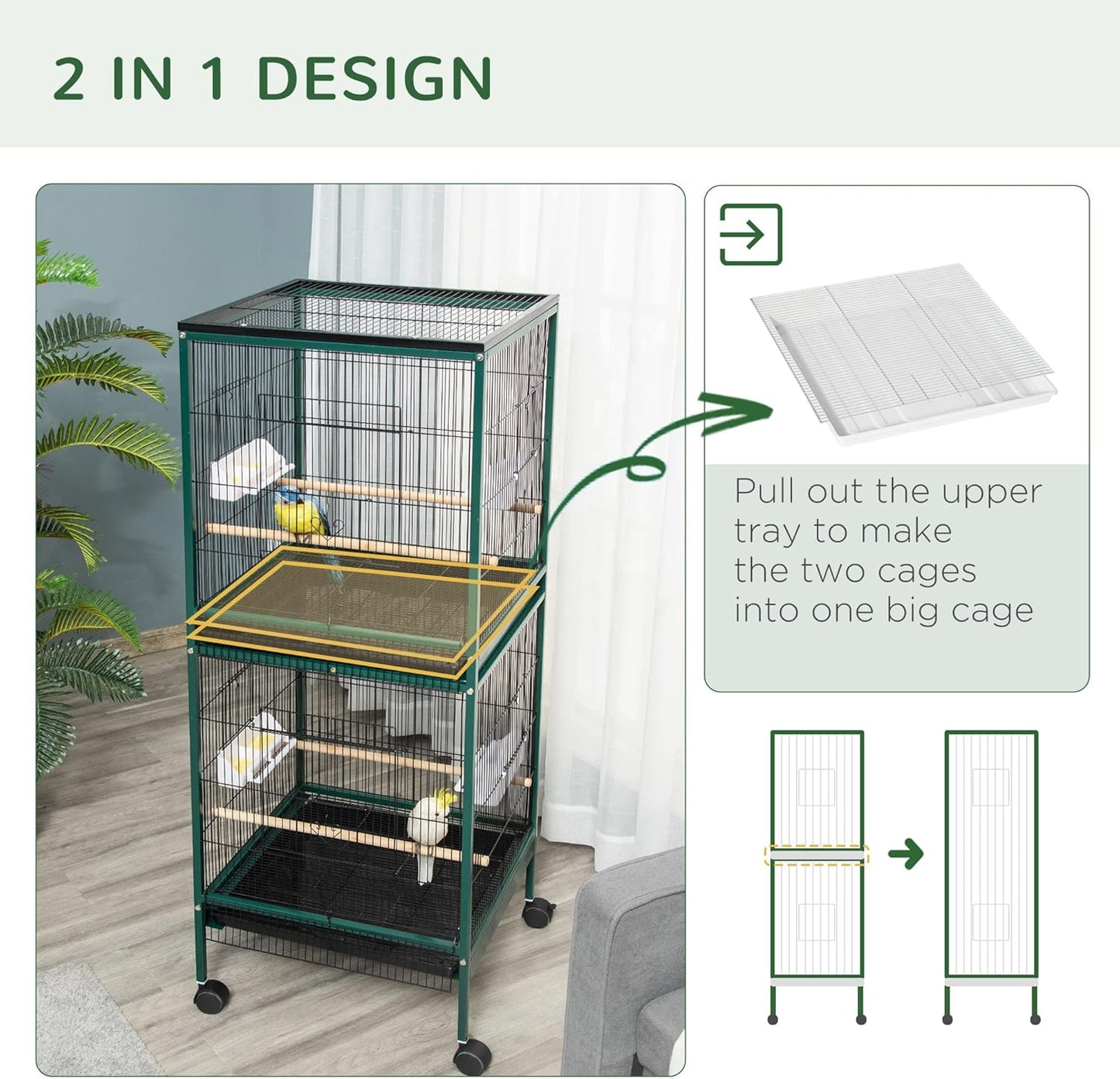 PawHut Large Bird Cage with 1.7 ft. Width for Wingspan, Bird Aviary Indoor with Multi-Door Design, Fit for a Canary, Finch, Conure, 55", Green