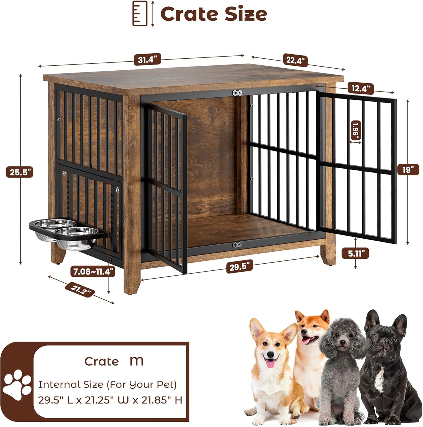 Lulive Dog Crate Furniture, Wooden Dog Kennel Indoor with Adjustable 360°& Height Dog Bowls, Double Doors Furniture Dog Crates End Table for Small/Medium 31.5" L*22.5" W*25.6" H, Brown