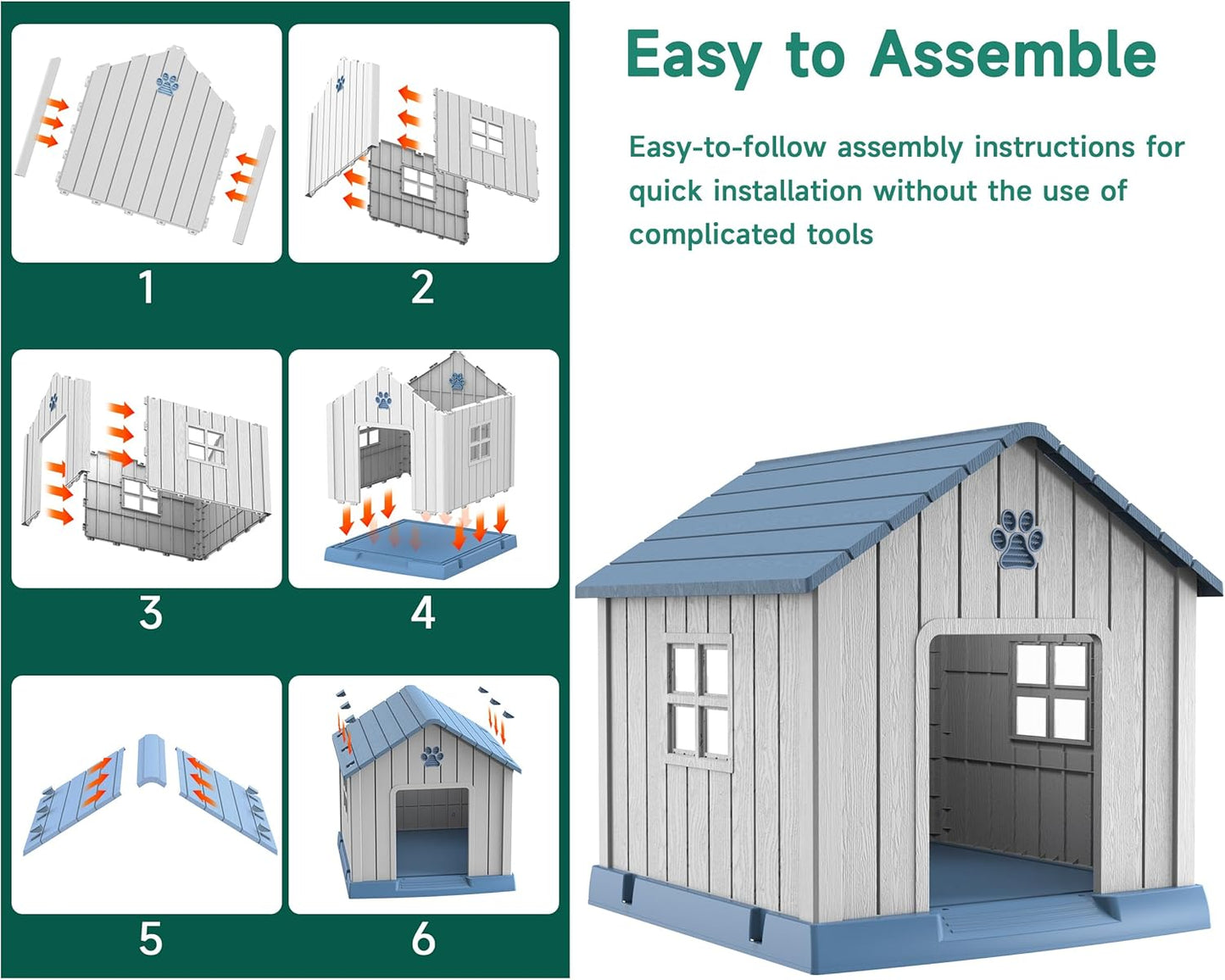 Vixzen 38in Large Outdoor Dog House,Durable Water Resistant Resin Dog House,Doghouse for Small to Large Dogs Indoor or Outside,with Air Vent and Elevated Floor,Blue