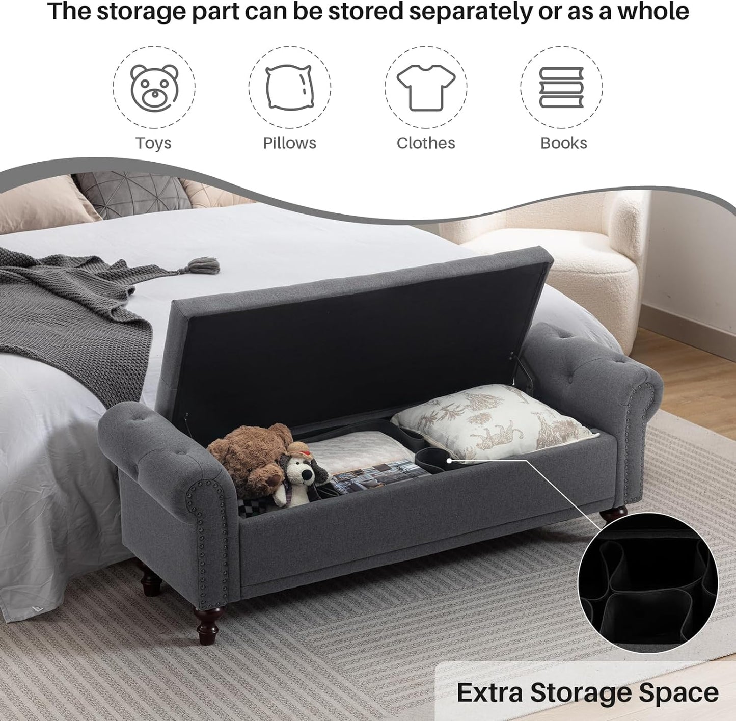 58.1'' Storage Bench Upholstered Linen End of Bedroom Bed Bench Ottoman with Tufted Cushioned Rolled Arm Large Storage Space for Reading Living Room Entryway, Grey