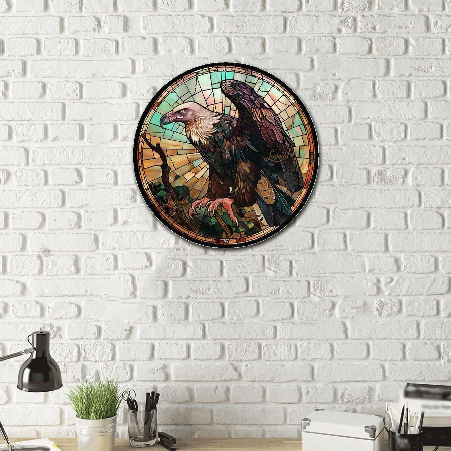Lygond Metal Sign Tin Sign Circular Stained Glass Vulture Boho Office Decor for Pet 12×12 Inches