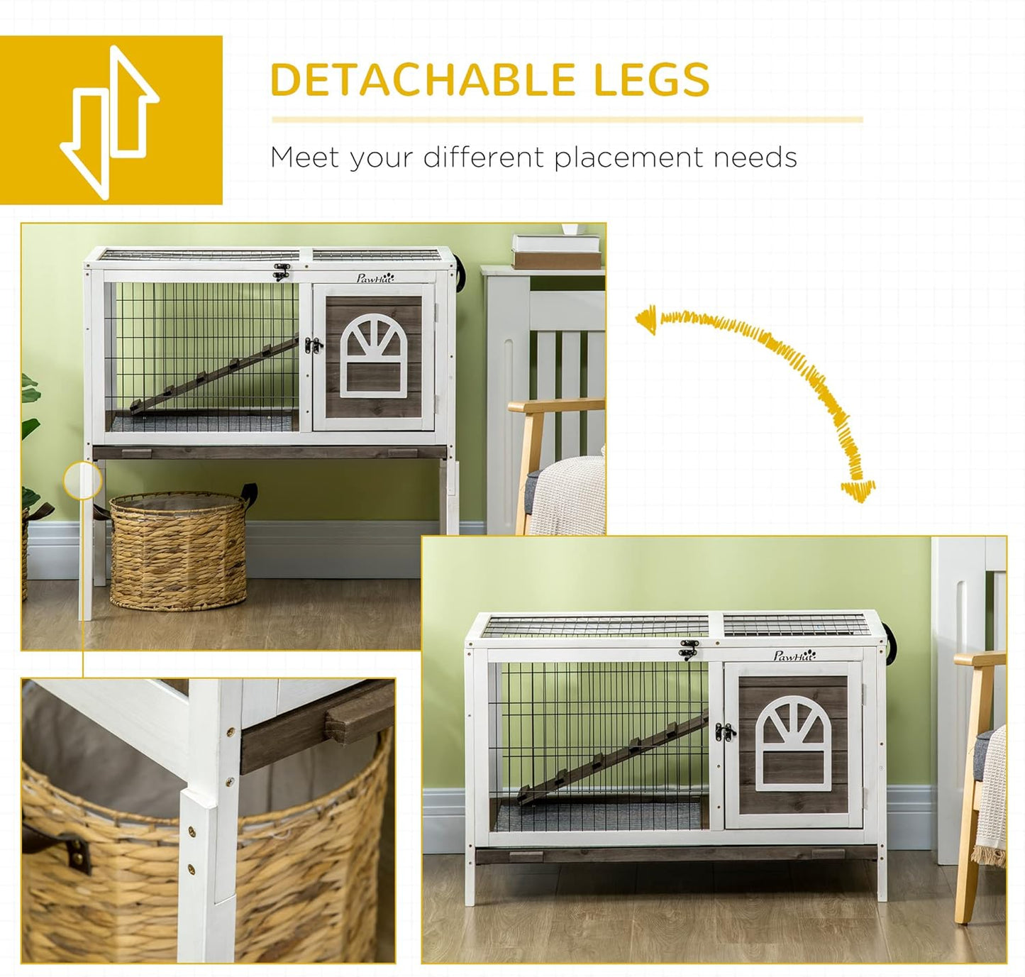 PawHut Wooden Rabbit Hutch, Indoor Elevated Guinea Pig Cage with Run, Ladder, Lockable Doors and Removable Tray, Coffee