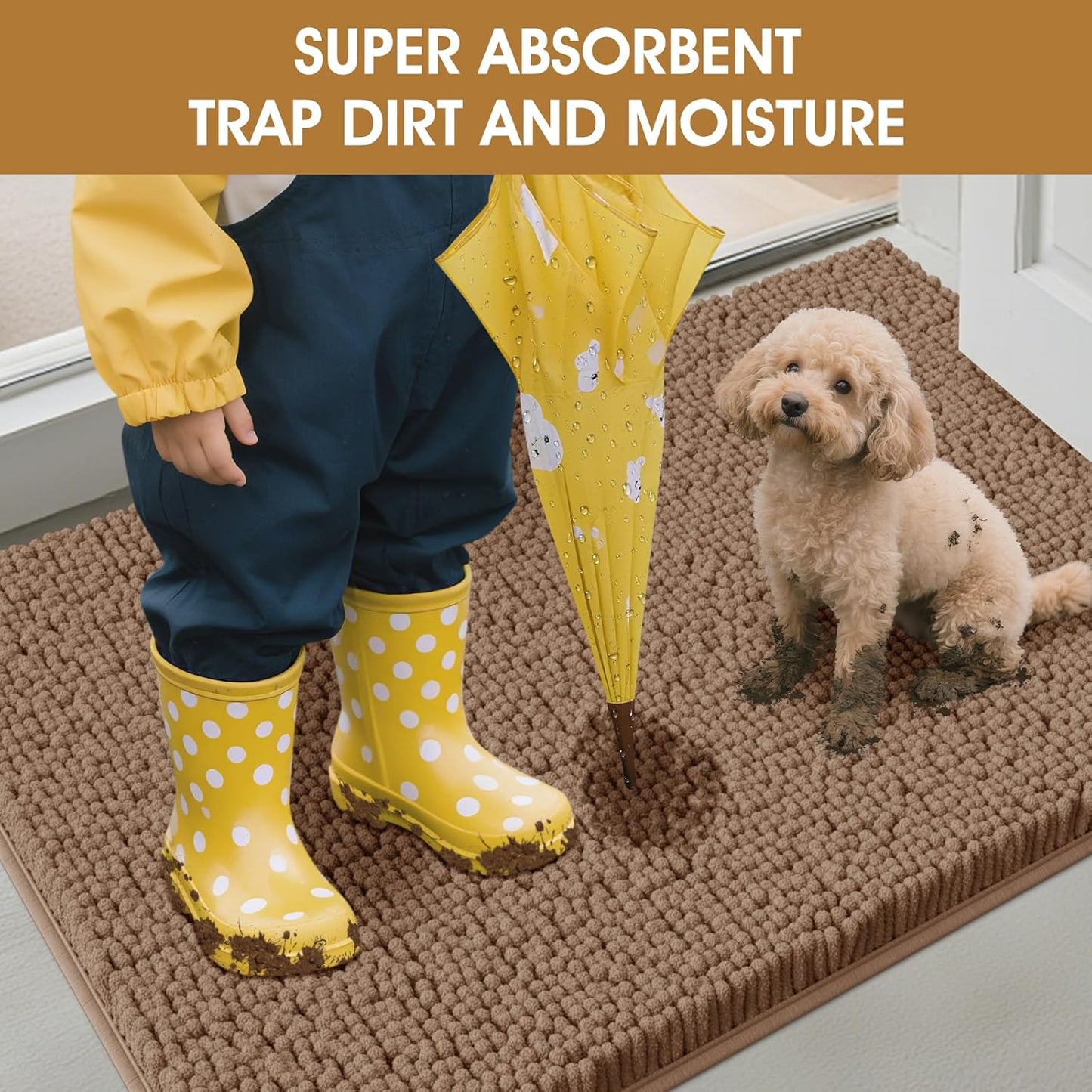 Extra Large Dog Door Mats for Muddy Paws, Chenille Absorbent Dog Mats, Non Slip Heavy Mud Mat for Dogs, Soft Pet Mat for Entryway, Mud Paws, Inside Floor,60" x 36", Camel