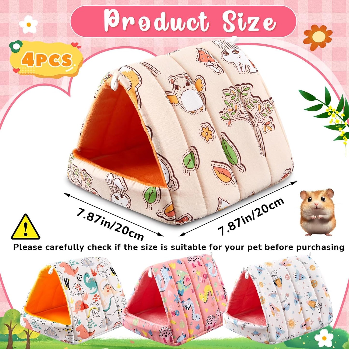 4 Pcs Guinea Pig Hideout, Guinea Pig Bed Tunnel, Rabbit Washable Small House Cage Accessories for Bunny Hedgehog Mouse Chinchillas Hamsters Ferrets Bearded Dragons Rats(Cartoon, 7.9 in)