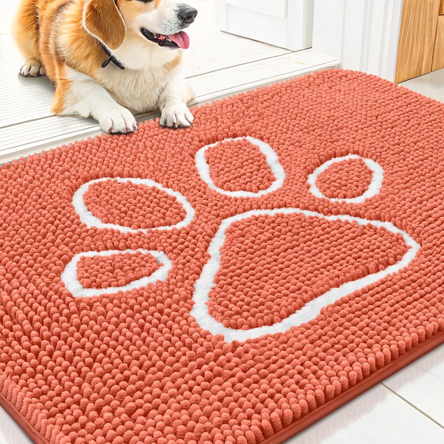 Smiry Dog Door Mat for Muddy Paws, Absorbent Dirt Trapper Non Slip Quick Dry Washable Chenille Mat for Mud Dogs, Entry Rug for Indoor and Outdoor (30x20 Inches, Coral)