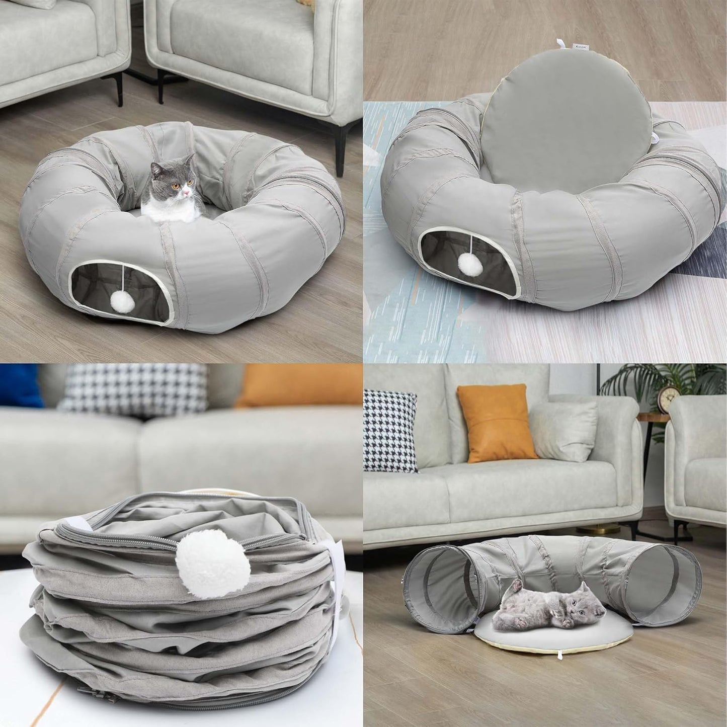 AUOON Cat Play Tunnel - Round Cat Tunnel with Bed | Interactive Cat Toys for Indoor Cats Kitten Kitty Puppy Rabbit Ferret (Light Grey)