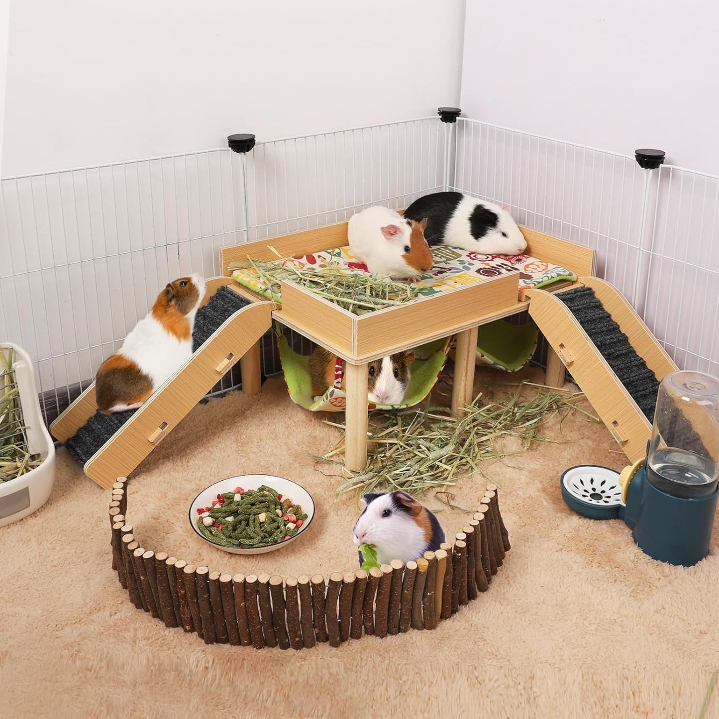 MEWTOGO Guinea Pigs Hammock with Platform, Wooden Guinea Pig Hideout with Stairs, Safe and Durable Small Pet Bed for Piggies Chinchilla Rat Hamster Bunny (Double Hammocks)