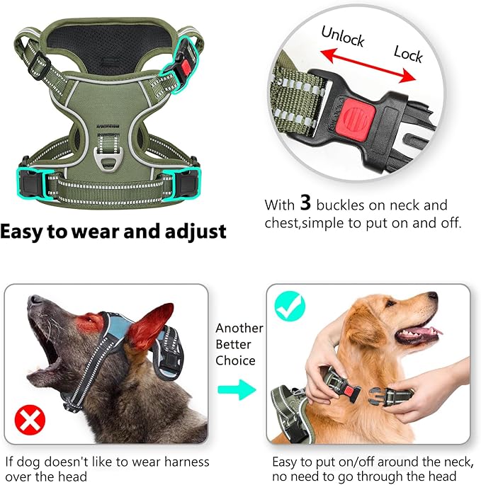 Timos Dog Harness Small Sized, No Pull Pet Harness with Neck Lockable Snap,No Choke Front Clip Dog Reflective Vest,Adjustable Metal Rings 3 Buckles,Easy Control Handle for Small Dogs Green S