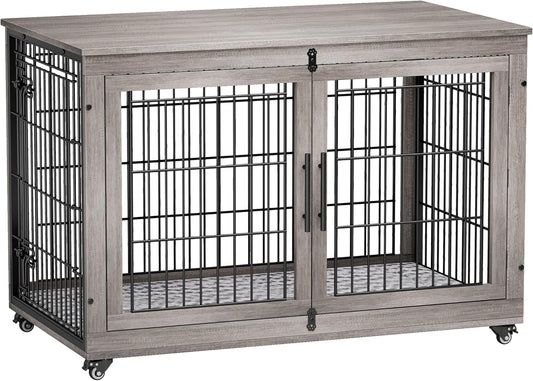 Lulive Dog Crate Furniture, XL Wooden Dog Kennel Indoor Double Doors Dog Cage, 44'' Heavy Duty Dog Crate with Cushion & Wheels, Decorative End Table Chew-Resistant for Extra Large/Medium, Grey