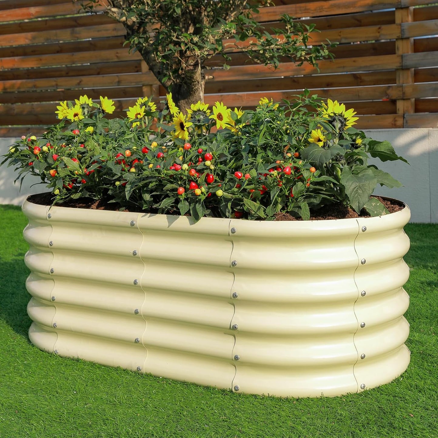 Land Guard 18“ Tall Outdoor Metal Raised Garden Bed, Oval Deep Root Planter Box for Vegetables, Flowers, Herbs, 89 Gallon Capacity - Cream Yellow