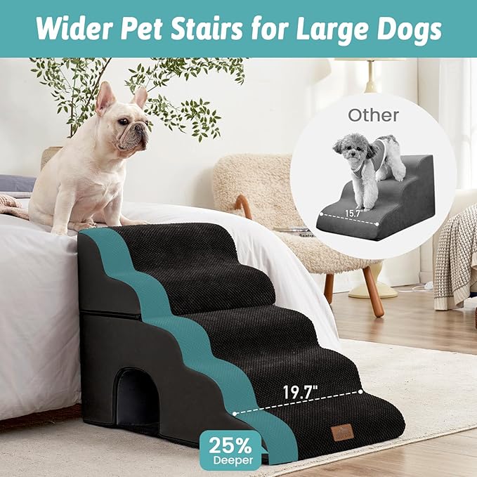 Extra Wide Dog Stairs with Tunnel, Detachable Large Pet Step for Small Medium Dog, Puppy or Cat, Ramp for High Bed, Couch, Sofa or Car, Stable, 19.7x33x22.4 inch, 5 Step, Black