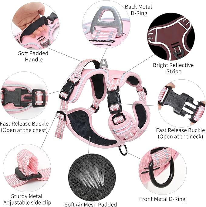 Timos Dog Harness, 3 Snap Buckles No-Pull Soft Padded Dog Vest with 2 Metal Leash Clips, Adjustable Reflective No Choke Pet Harness with Easy Control Handle for Small Dogs,Pale Pink,S