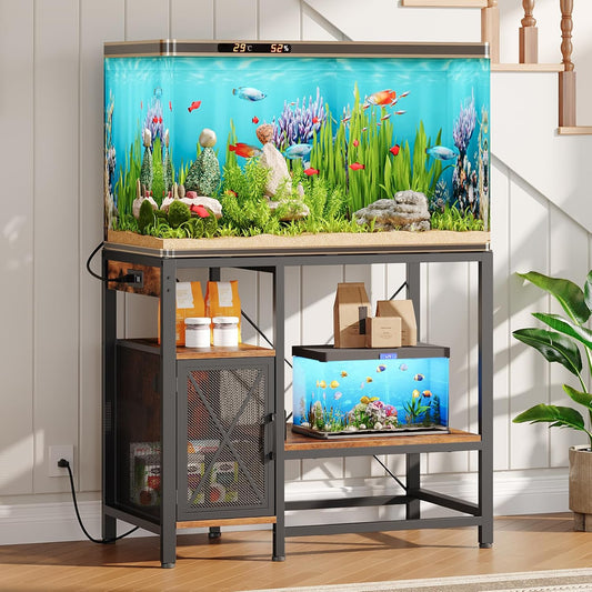 40-50 Gallon Fish Tank Stand, Aquarium Stand with Power Outlet and Storage Cabinet, Heavy Duty Tank Stand Suitable for Turtle Tank, Reptile Terrarium, for Home Office, Rustic Brown FTHR50E01