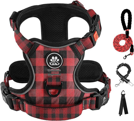 IVY&LANE No Pull Dog Harness with Leash Set, Reflective No Choke Pet Vest,Adjustable Oxford Dog Vest Harness with Easy Control Handle for Large Dogs (Checkered Red,L)
