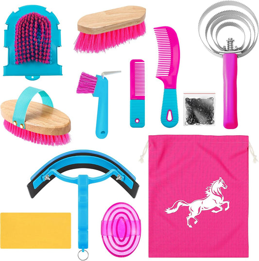 Abbylike 12 Pieces Horse Grooming Kit Racing Festival Tack Room Supplies Horse Brush Sets Equine Care Cleaning Kit Shedding Grooming Massaging Tools(Rose Red)