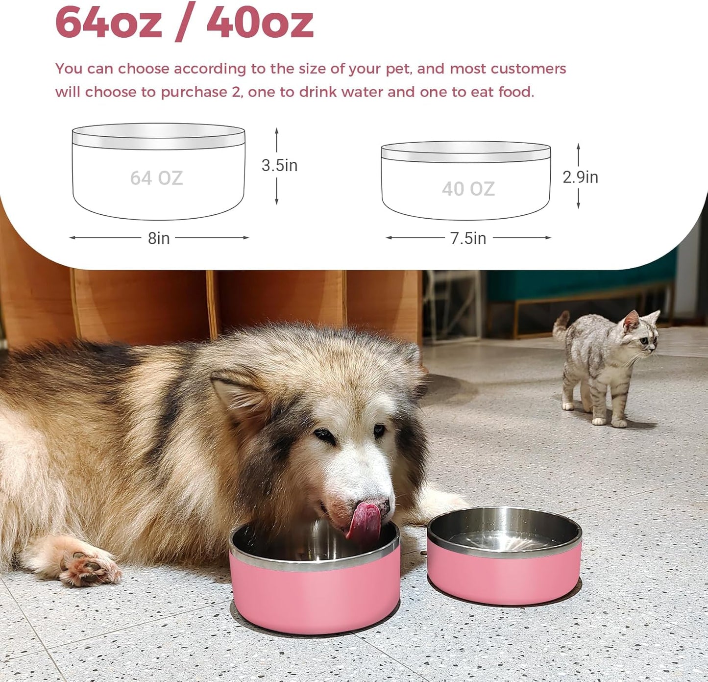Dog Bowl, Stainless Steel Dog Food and Water Bowl with Non Slip Quiet Bottom, Easy to Clean, Dishwasher Safe, 40oz, Pink