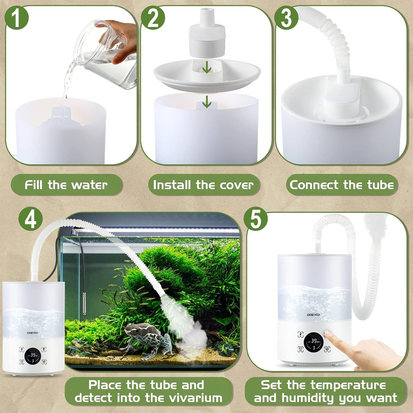 Smart Reptile Fogger Humidifiers with Humidity Control, Reptile Terrarium Humidifier Smart Touch, 3 Grades Adjustable Fogger with Hose for Reptile Amphibians Herps Snakes Plants