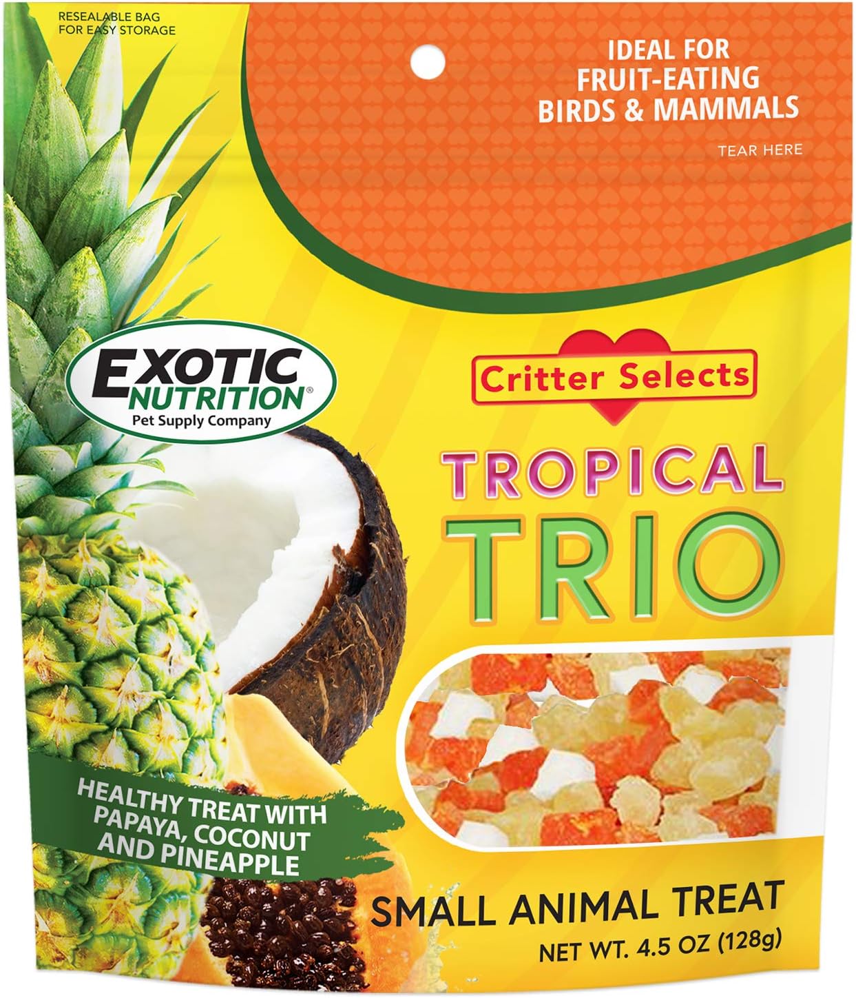 Tropical Trio - Healthy Natural Mixed Dried Fruit Treat - Papaya, Coconut, Pineapple - for Sugar Gliders, Squirrels, Prairie Dogs, Skunks, Marmosets, Parrots, Birds, Rats, Small Pets (4.5 oz.)