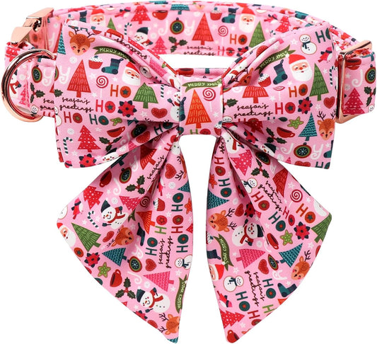Lionet Paws Christmas Dog Collar with Sailor Bow, Cute Ho Christmas Tree Snowman Pink Dog Collar Bow Tie for X-Large Dogs, Neck 16-26 inches