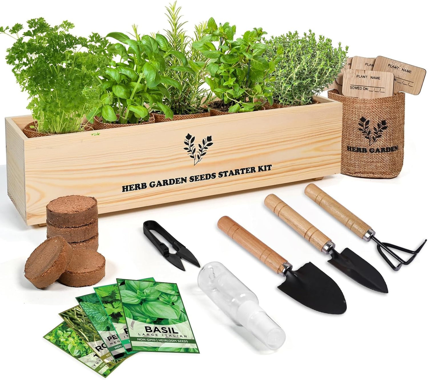 5 Herb Seeds Garden Starter Kit with Complete Planting Kit & Wooden Flower Box, Growing into Basil, Parsley, Rosemary, Thyme, Mint for Kitchen Windowsill Herb Garden DIY