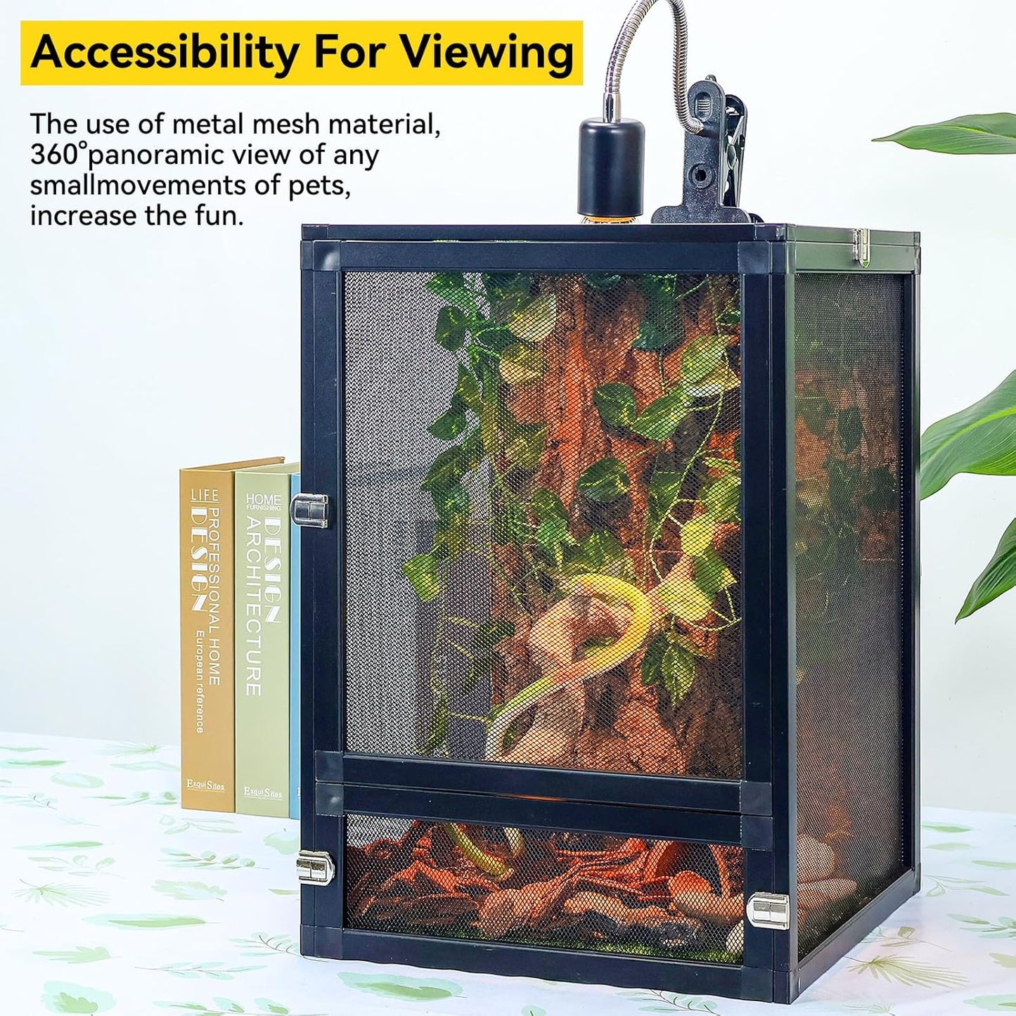 13 Gallon 360° Panoramic Foldable Reptile Terrarium Kit: Crested Gecko Tank and Reptile Cage for Superior Ventilation, Easy Feeding, Sturdiness, and Simple Assembly (Black, 18"x13"x13")