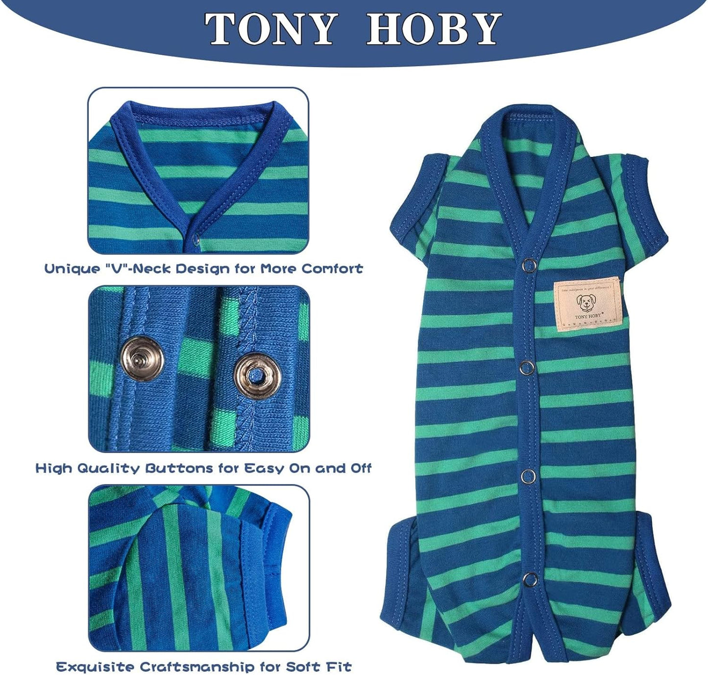 TONY HOBY Dog Pajamas for Medium Small Dogs, Dog Jumpsuit with Stripes 4 Legged Pajamas, Soft Dogs Pet Clothes (Blue&Green, Girl,M)