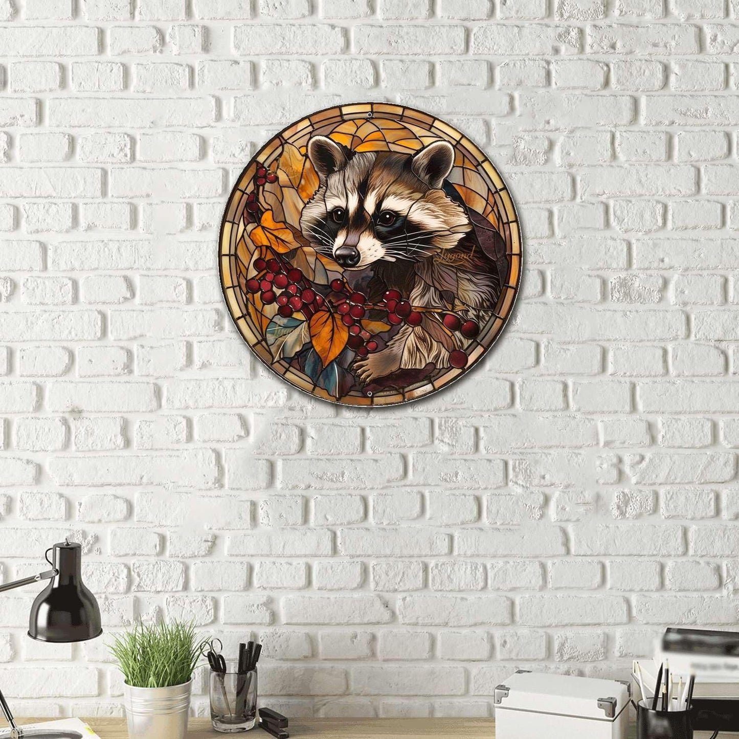 Lygond Metal Sign Tin Sign Circular Stained Glass Raccoon Minimalist Wall Art for Garage 8×8 Inches