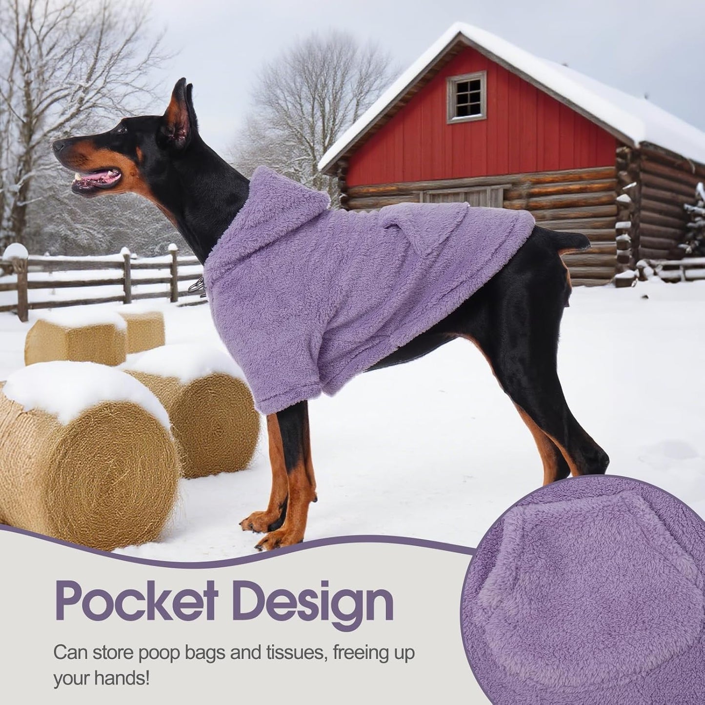 IDOMIK Fuzzy Dog Sweater with Adjustable Hood, Warm Fleece Dog Sweater Hoodie with Harness Hole & Pocket, Pullover Sweaters for Large Dogs, Fuzzy Hooded Sweatshirt for Fall Winter Christmas,Purple,XL