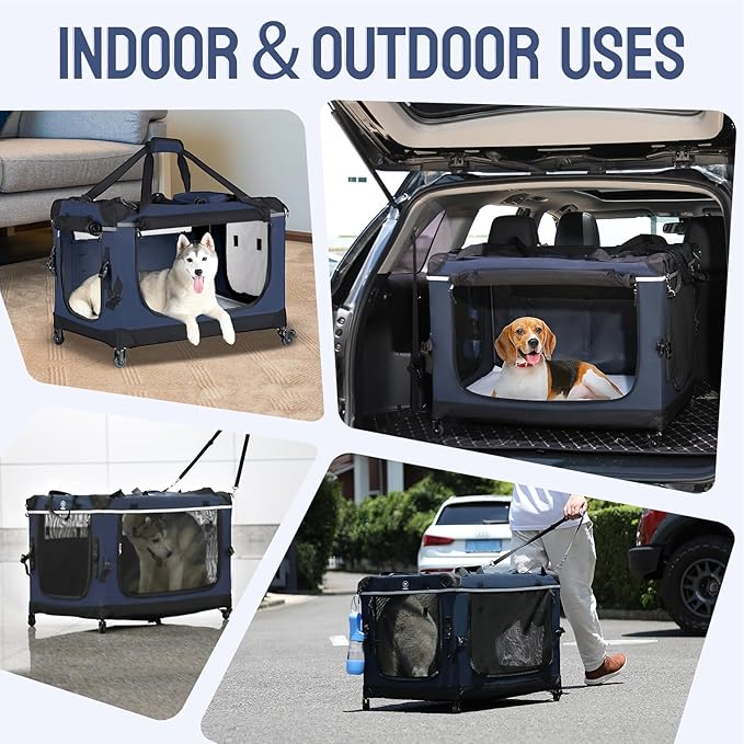 30IN Soft Collapsible Dog Crate w Detachable Wheels, Rolling Travel Dog Crate for Medium Breed Dogs, Portable Dog Kennel with Mesh Windows, Indoor & Outdoor Uses