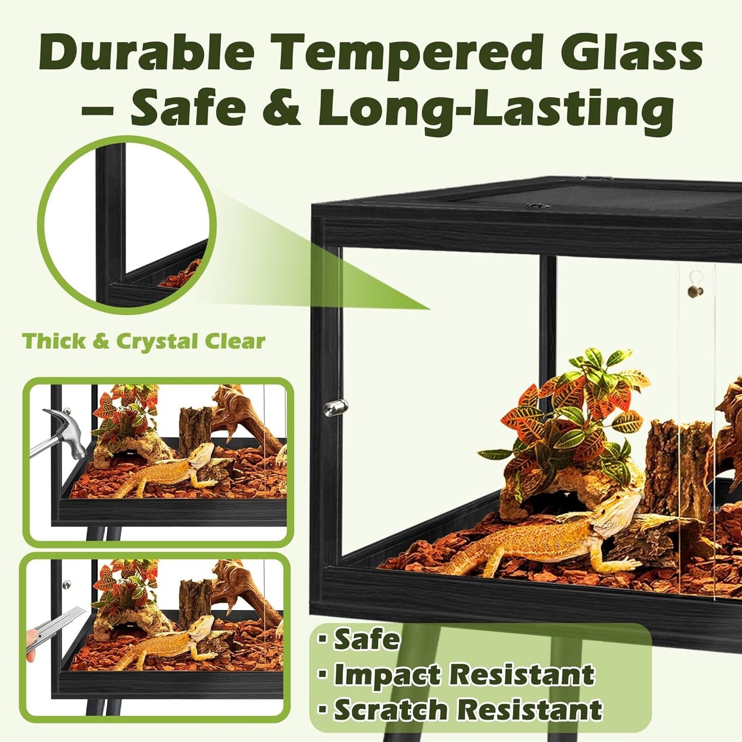 PROLEE Bearded Dragon Tank with Leg,Tempered Glass Lizard Tanks and Reptile Enclosure,Up to 78 Gallon Reptile Tank with Metal Mesh and Lockable Door for Snakes,Chameleon (Black, 60Gallons,40inch)