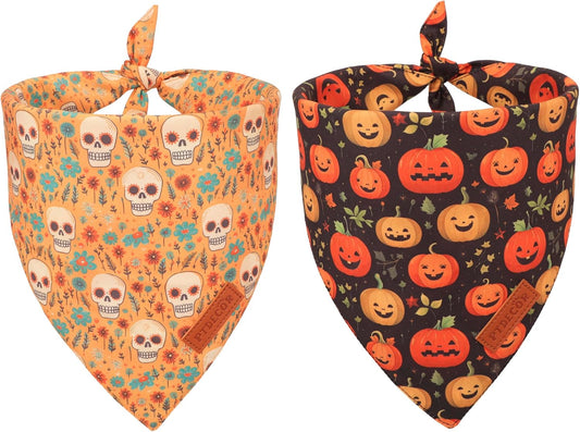 PTDECOR Halloween Dog Bandana, Skeleton Pumpkin Reversible Holiday Dog Scarf, Triangle Halloween Bandanas for Medium Large Dogs Pets (Large)