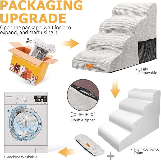 Topmart High Density Foam Dog Steps 4 Tiers,Extra Wide Deep Pet Steps,Non-Slip Dog Stairs Ramp for Bed,Soft Foam Cat Ladder,Best for Older Injured,Older Pets,Cats with Joint Pain