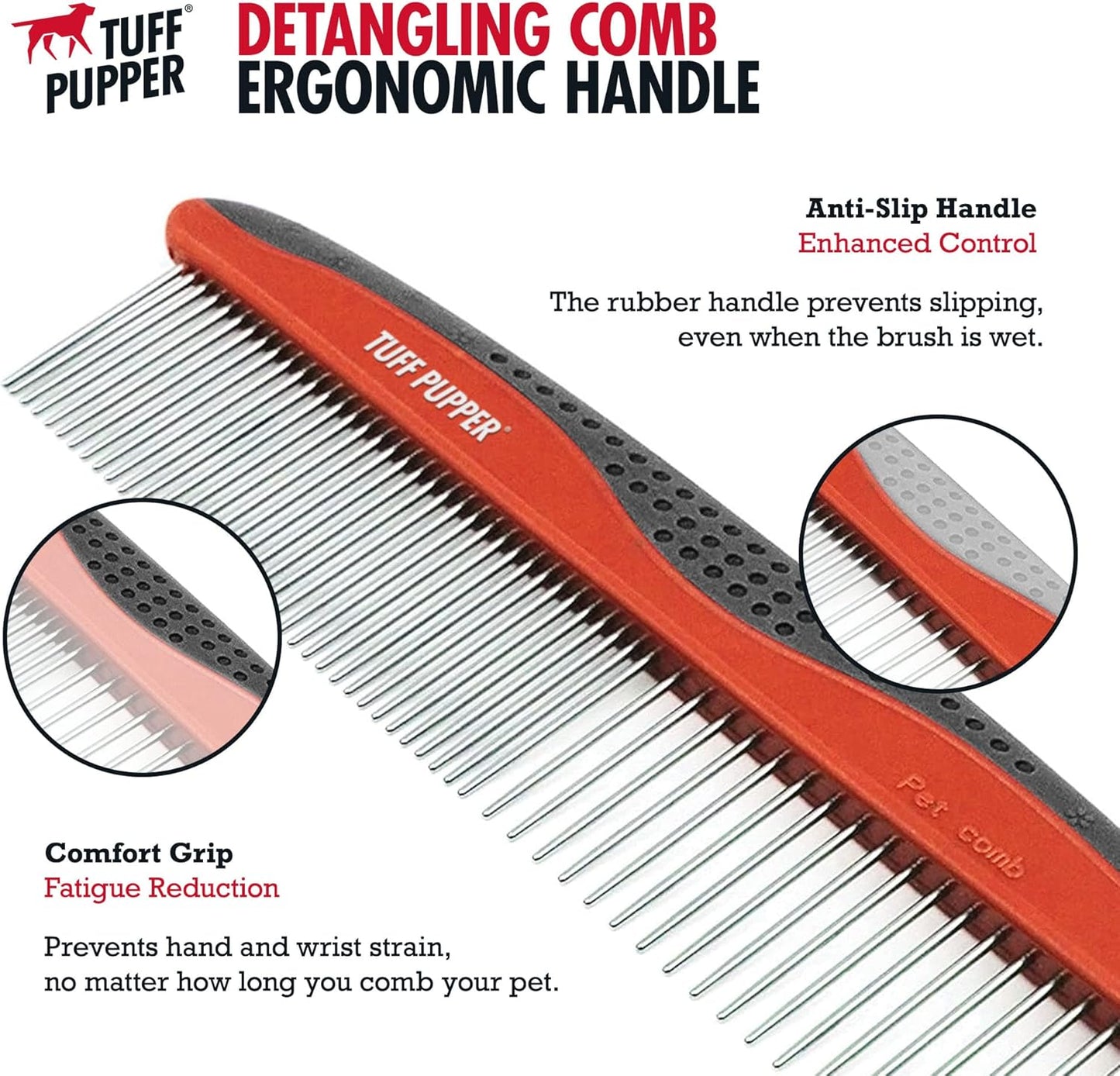 Tuff Pupper Dog Grooming Comb Set | Easily & Safely Remove Dead, Matted Knotted Hair | Ergonomic Pet Detangling Combs | No-Slip Safety Handle For Precision Control | Rounded Tips Prevent Scratching