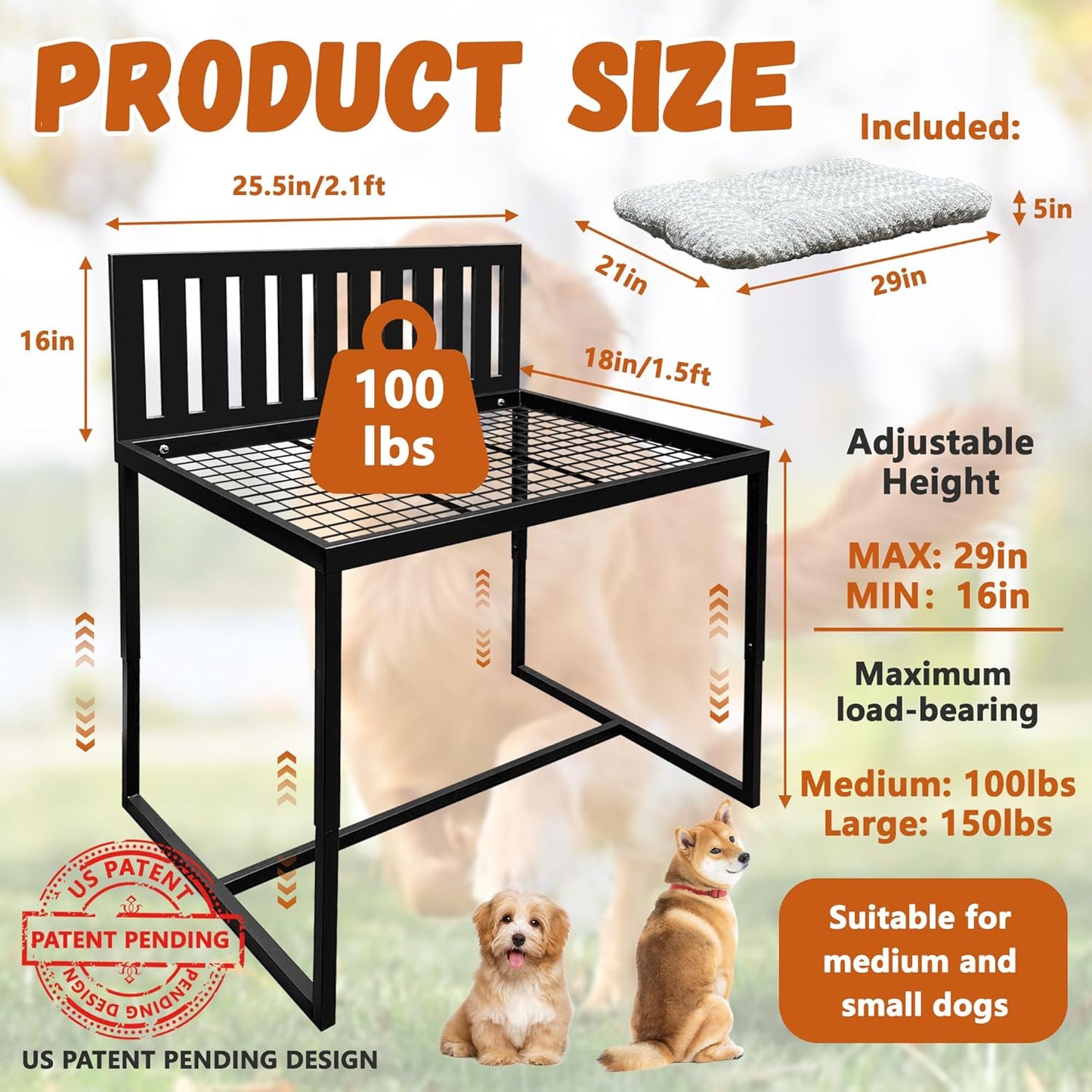 Beside Dog Bed,Adjustable Height Dog Bunk Beds,25.5‘’x18‘’Metal Dogs Bed Frame with Removable Cushion,Medium